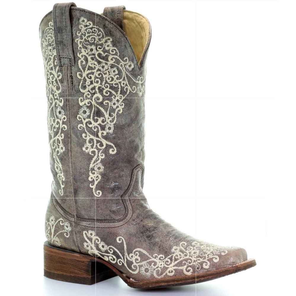 CORRAL | Brown Crater Bone embroider square toe cowboy boot boho/Western wedding